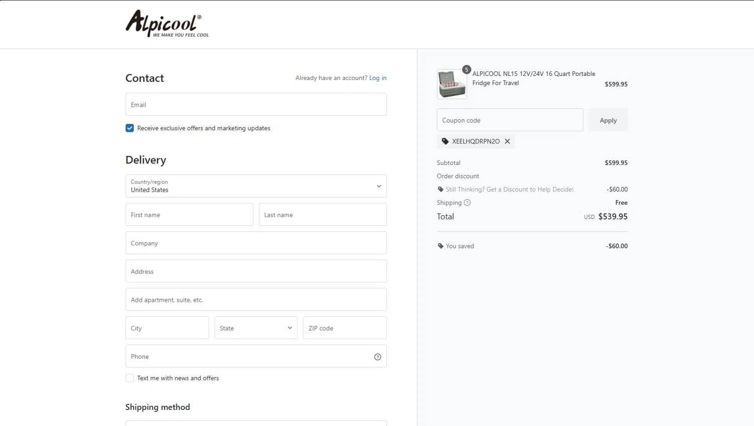 ALPICOOL discount code screenshot showing code XEELHQDRPN2O applied at ALPICOOL checkout page. Uploaded by SimplyCodes community member PANDITA on Oct 6, 2025