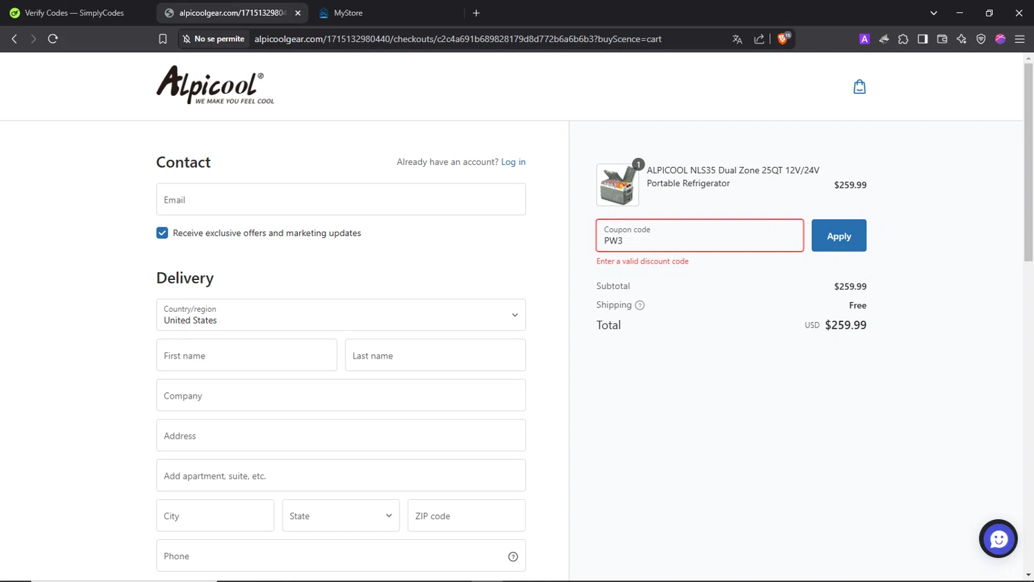 ALPICOOL discount code screenshot showing code PW3 applied at ALPICOOL checkout page. Uploaded by SimplyCodes community member Morrachida04 on Mar 18, 2025