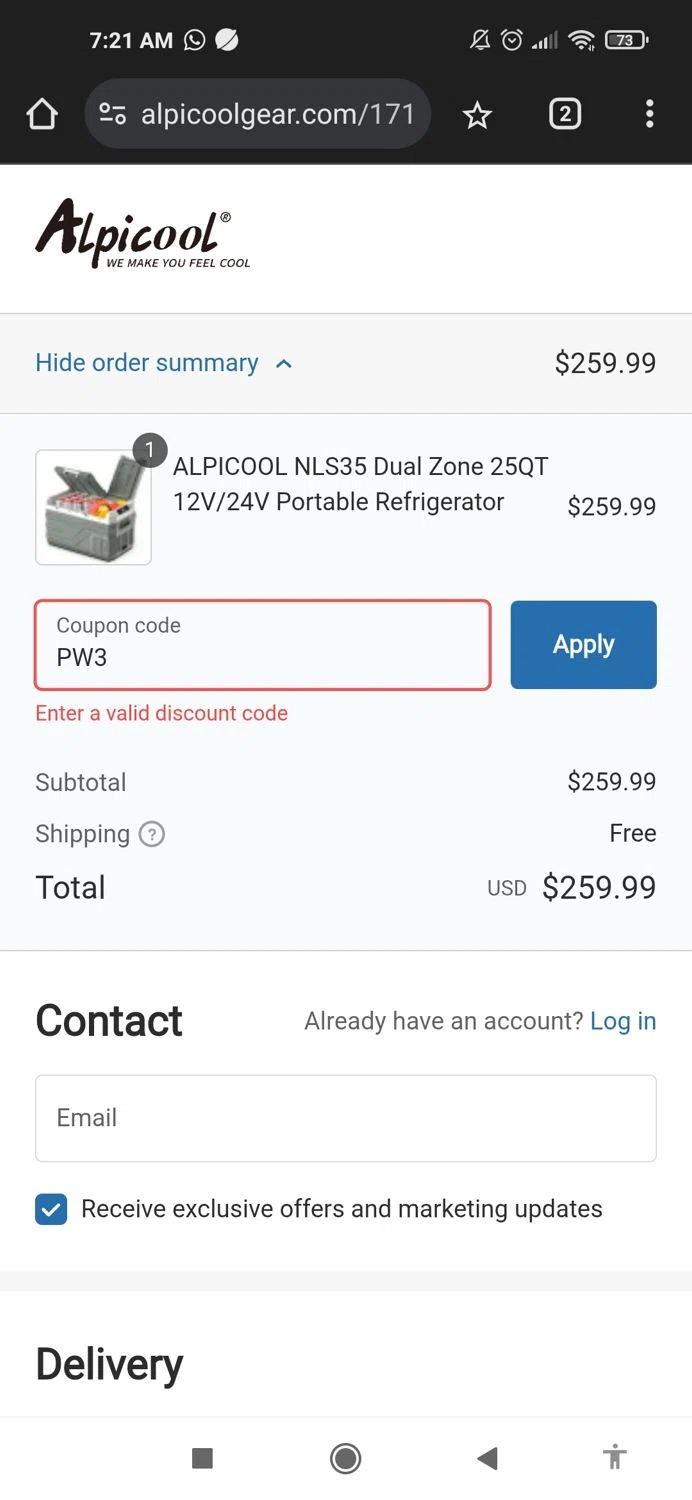 ALPICOOL discount code screenshot showing code PW3 applied at ALPICOOL checkout page. Uploaded by SimplyCodes community member Mujerdejunnior on Mar 18, 2025