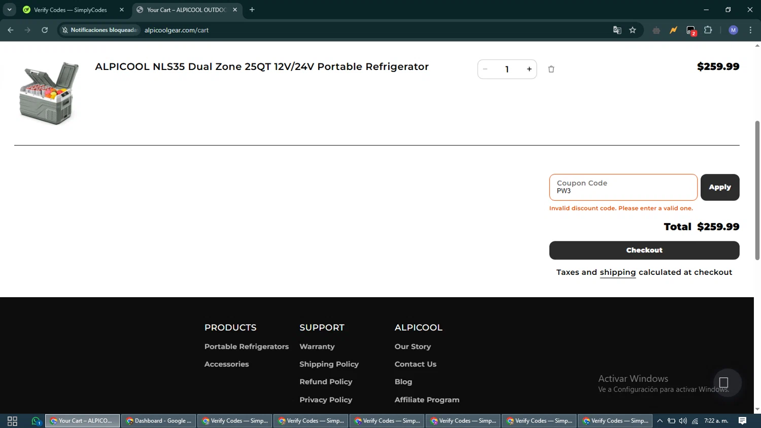 ALPICOOL discount code screenshot showing code PW3 applied at ALPICOOL checkout page. Uploaded by SimplyCodes community member VoucherCurator824 on Mar 18, 2025