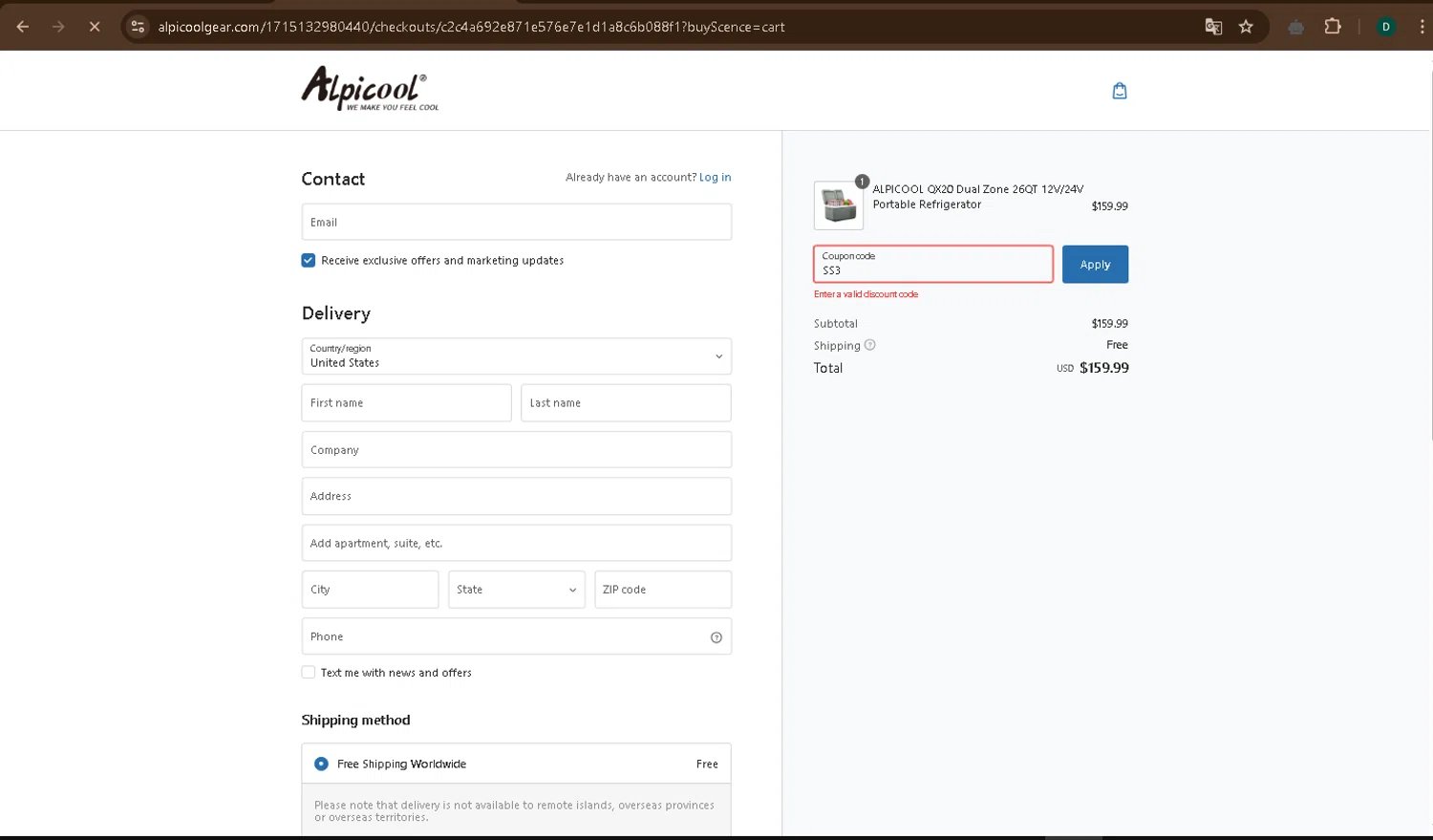 ALPICOOL discount code screenshot showing code SS3 applied at ALPICOOL checkout page. Uploaded by SimplyCodes community member drevin007 on Mar 27, 2025