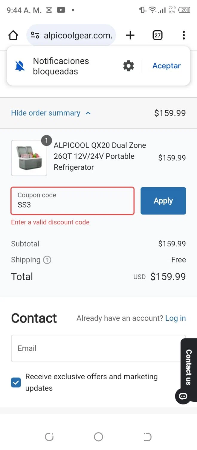 ALPICOOL discount code screenshot showing code SS3 applied at ALPICOOL checkout page. Uploaded by SimplyCodes community member Francisco01 on Mar 27, 2025