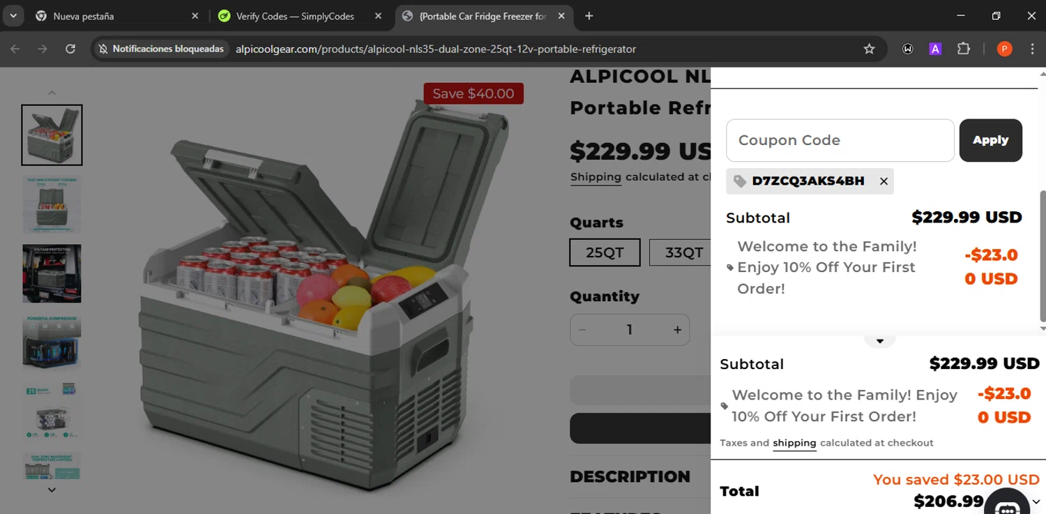 ALPICOOL checkout page showing ALPICOOL discount code box | Screenshot taken by SimplyCodes community member on Sep 11, 2025