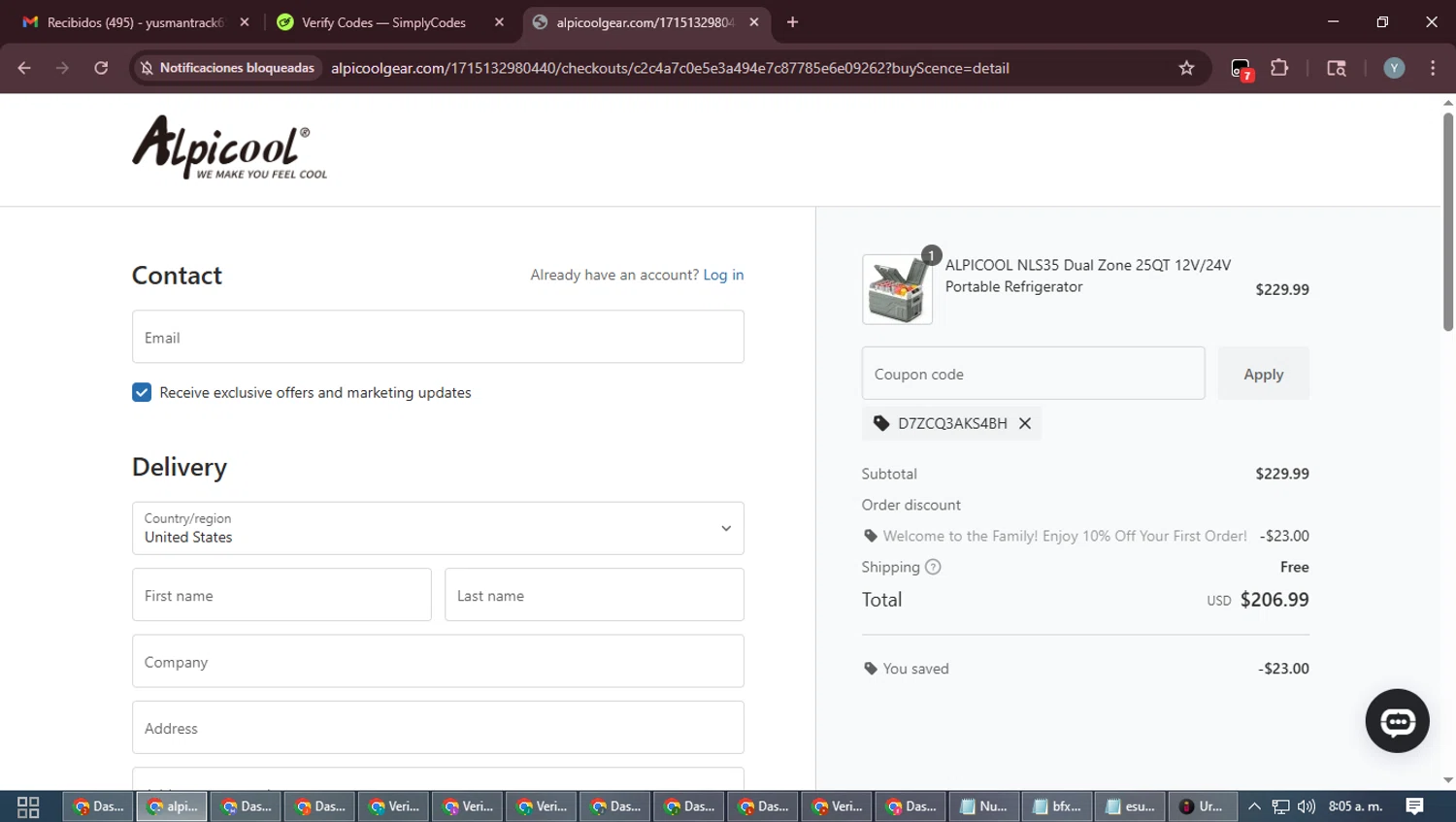 ALPICOOL discount code screenshot showing code D7ZCQ3AKS4BH applied at ALPICOOL checkout page. Uploaded by SimplyCodes community member MoneyTiger5162 on Oct 6, 2025