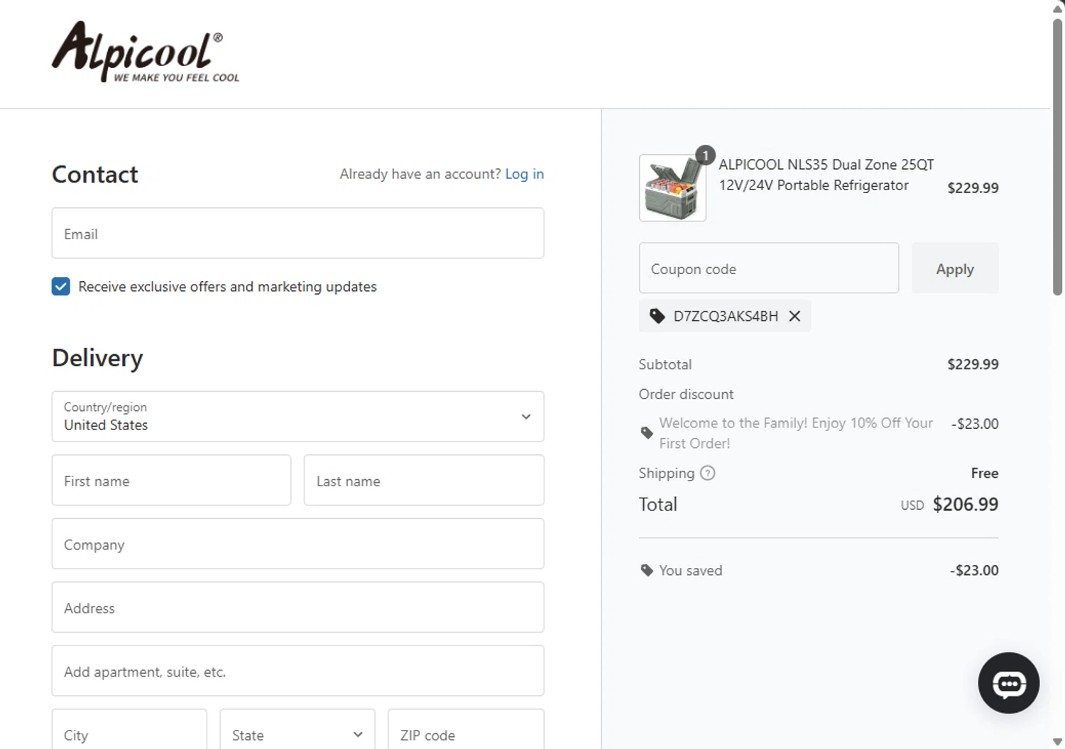 ALPICOOL discount code screenshot showing code D7ZCQ3AKS4BH applied at ALPICOOL checkout page. Uploaded by SimplyCodes community member Santi_ago on Dec 3, 2025