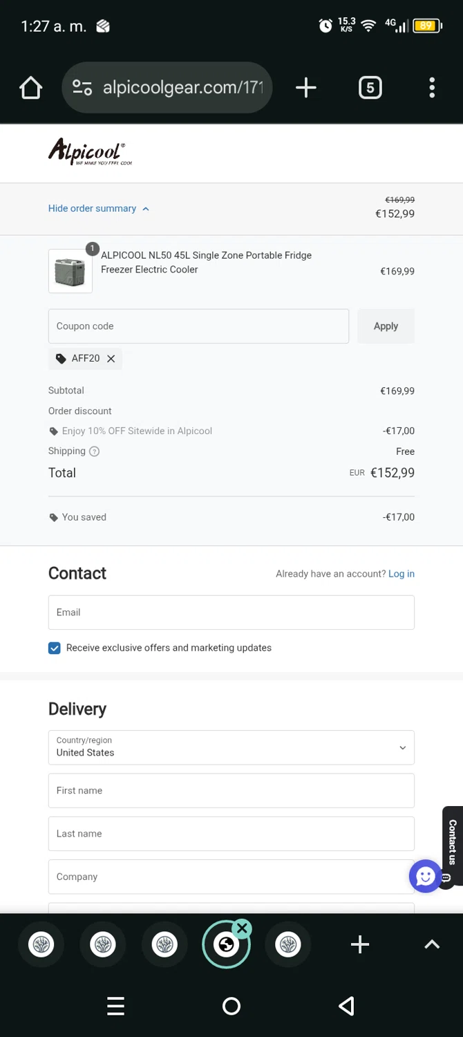 ALPICOOL discount code screenshot showing code AFF20 applied at ALPICOOL checkout page. Uploaded by SimplyCodes community member Eltoro20 on Dec 19, 2025