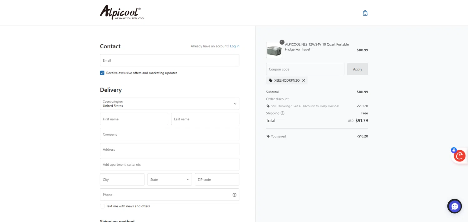 ALPICOOL discount code screenshot showing code XEELHQDRPN2O applied at ALPICOOL checkout page. Uploaded by SimplyCodes community member ivantorres on Jun 2, 2025