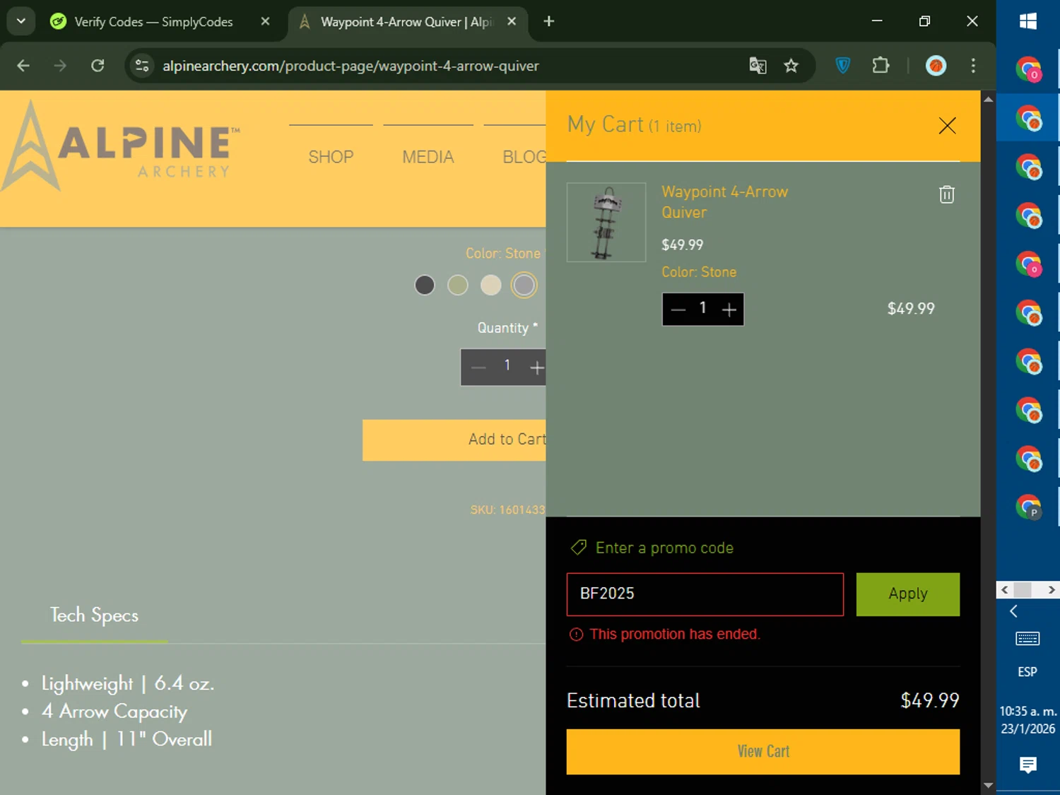 Alpine Archery promo code screenshot showing code BF2025 applied at Alpine Archery checkout page. Uploaded by SimplyCodes community member DealTiger9869 on Jan 23, 2026