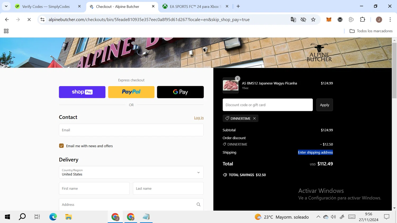 Alpine Butcher checkout page showing Alpine Butcher discount code box | Screenshot taken by SimplyCodes community member on Nov 27, 2024