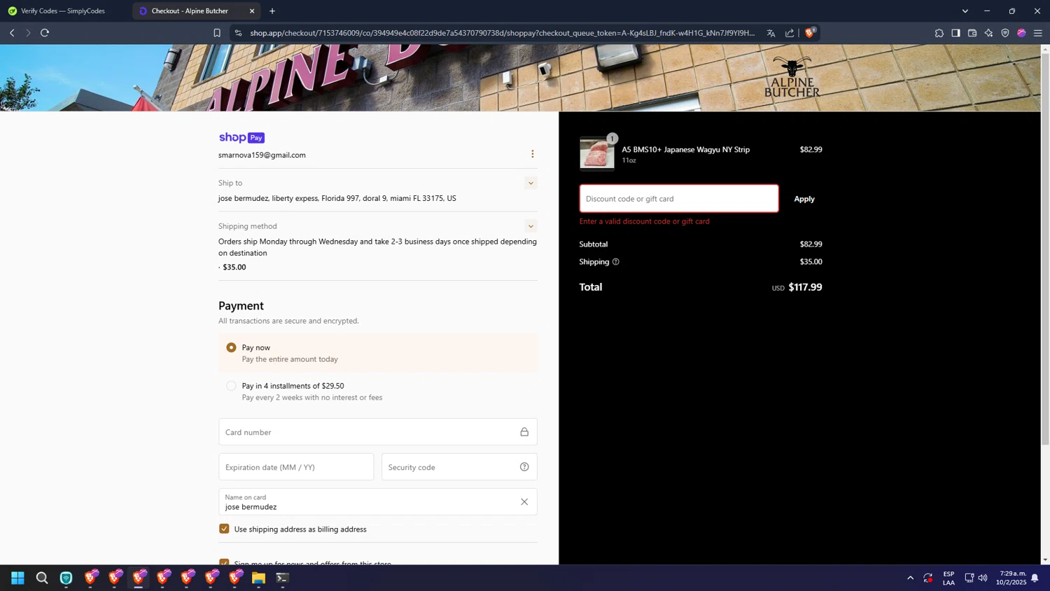 Alpine Butcher discount code screenshot showing code dinnertime applied at Alpine Butcher checkout page. Uploaded by SimplyCodes community member diosgreed2030 on Feb 10, 2025