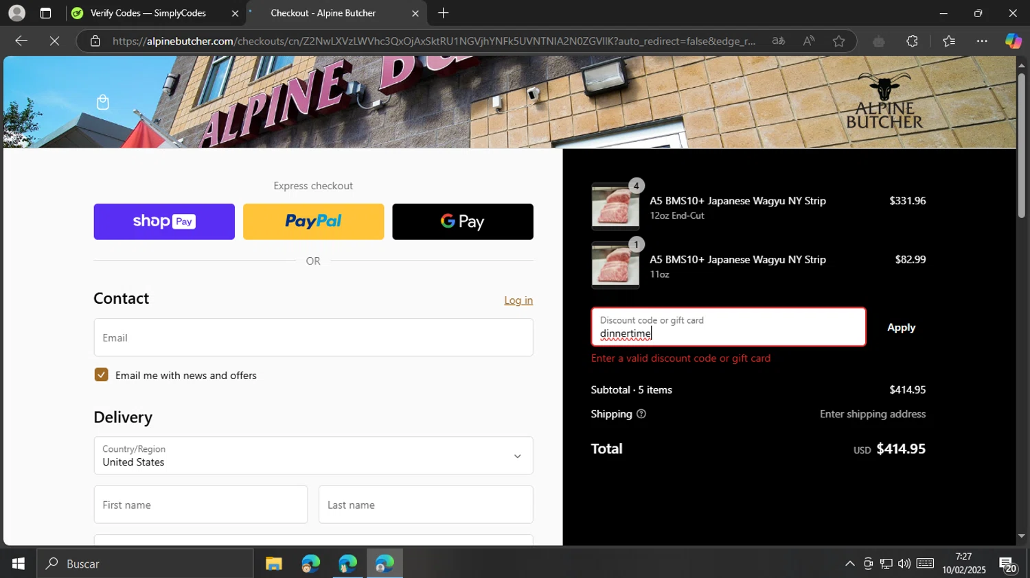 Alpine Butcher discount code screenshot showing code dinnertime applied at Alpine Butcher checkout page. Uploaded by SimplyCodes community member MrsPopo on Feb 10, 2025