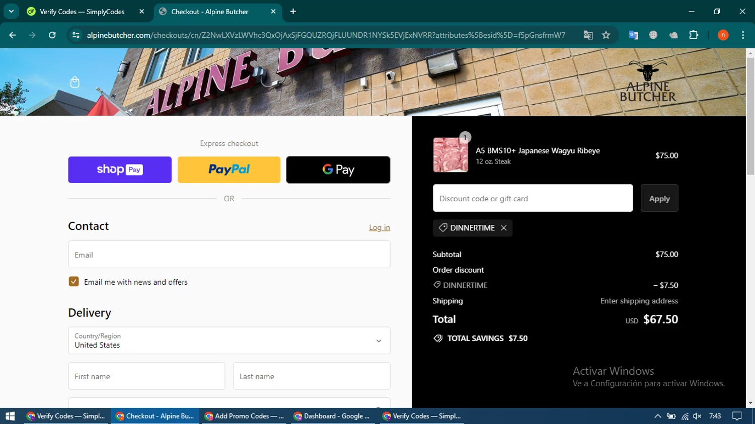 Alpine Butcher checkout page showing Alpine Butcher discount code box | Screenshot taken by SimplyCodes community member on Jun 28, 2024