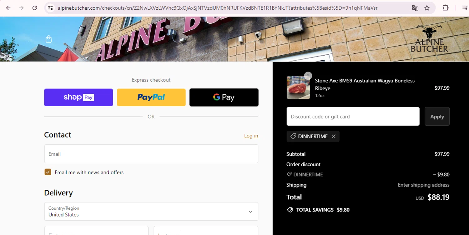 Alpine Butcher checkout page showing Alpine Butcher discount code box | Screenshot taken by SimplyCodes community member on Jul 27, 2024