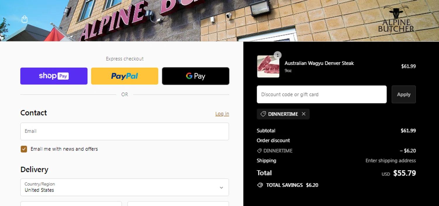 Alpine Butcher checkout page showing Alpine Butcher discount code box | Screenshot taken by SimplyCodes community member on May 1, 2024