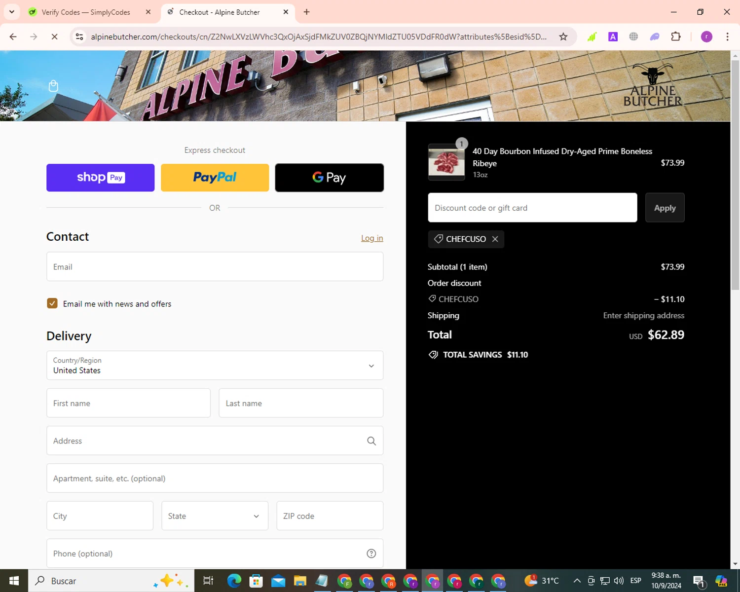 Alpine Butcher checkout page showing Alpine Butcher discount code box | Screenshot taken by SimplyCodes community member on Sep 10, 2024