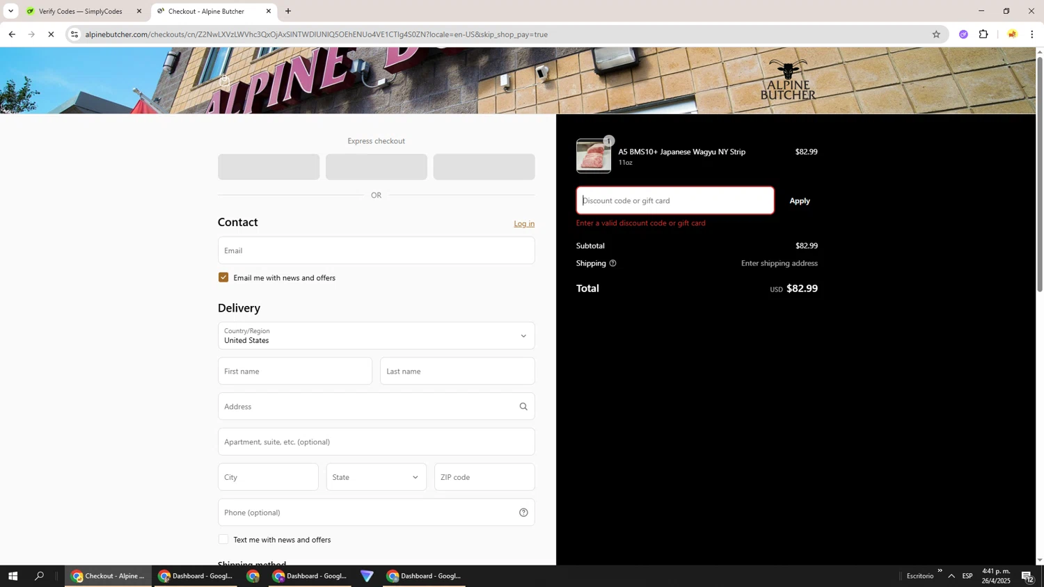 Alpine Butcher discount code screenshot showing code FlashSale10% applied at Alpine Butcher checkout page. Uploaded by SimplyCodes community member Richard251 on Apr 26, 2025