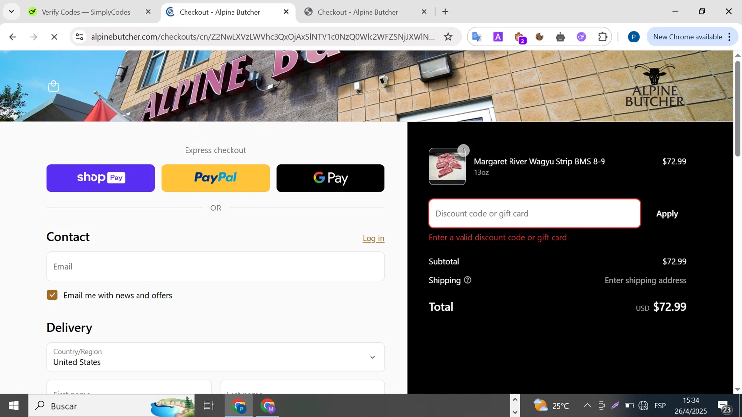 Alpine Butcher discount code screenshot showing code FlashSale10% applied at Alpine Butcher checkout page. Uploaded by SimplyCodes community member BrilliantMaven4588 on Apr 26, 2025