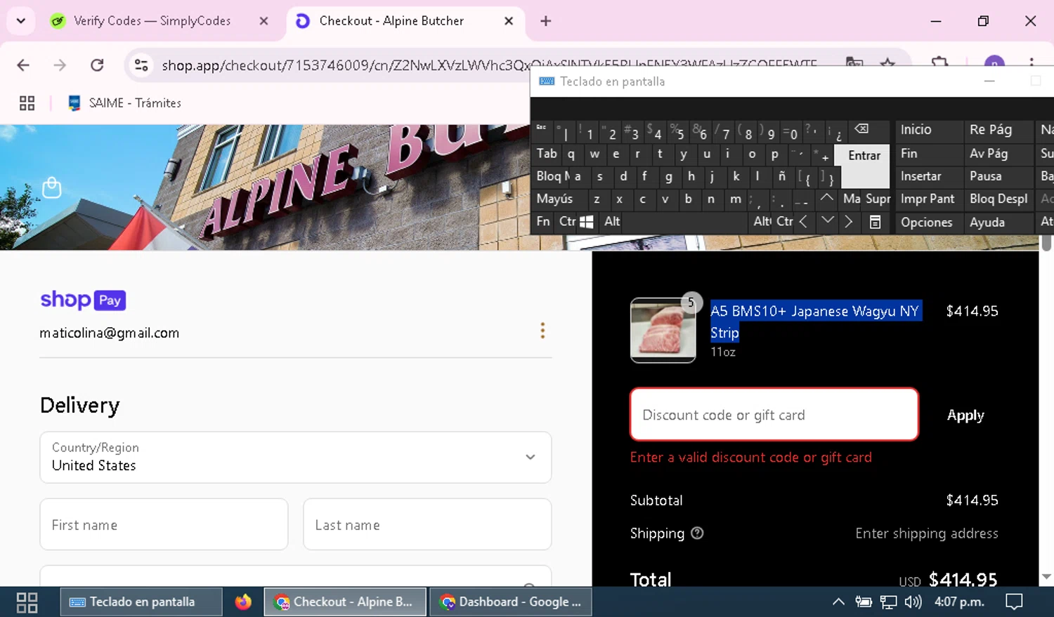 Alpine Butcher discount code screenshot showing code FlashSale10% applied at Alpine Butcher checkout page. Uploaded by SimplyCodes community member nairelysnavarro1 on Apr 26, 2025