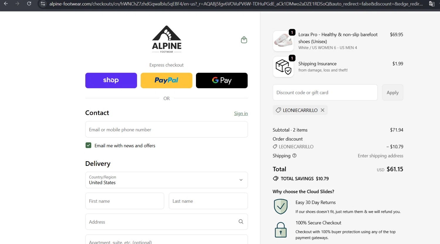 Alpine Footwear promo code screenshot showing code LEONIECARRILLO applied at Alpine Footwear checkout page. Uploaded by SimplyCodes community member DiscountScout8208 on May 28, 2026