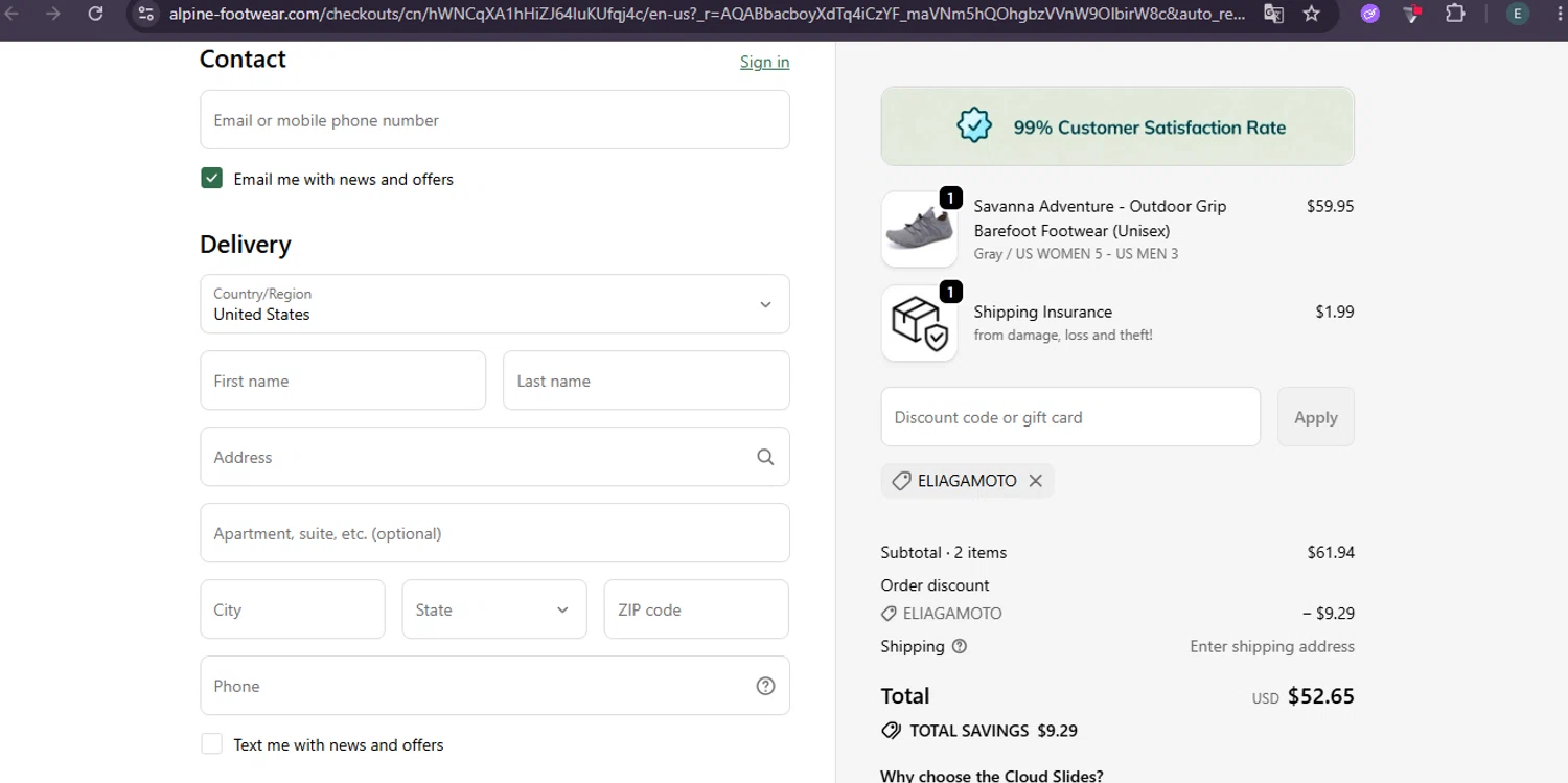 Alpine Footwear promo code screenshot showing code ELIAGAMOTO applied at Alpine Footwear checkout page. Uploaded by SimplyCodes community member MoneySage8222 on Jun 8, 2026