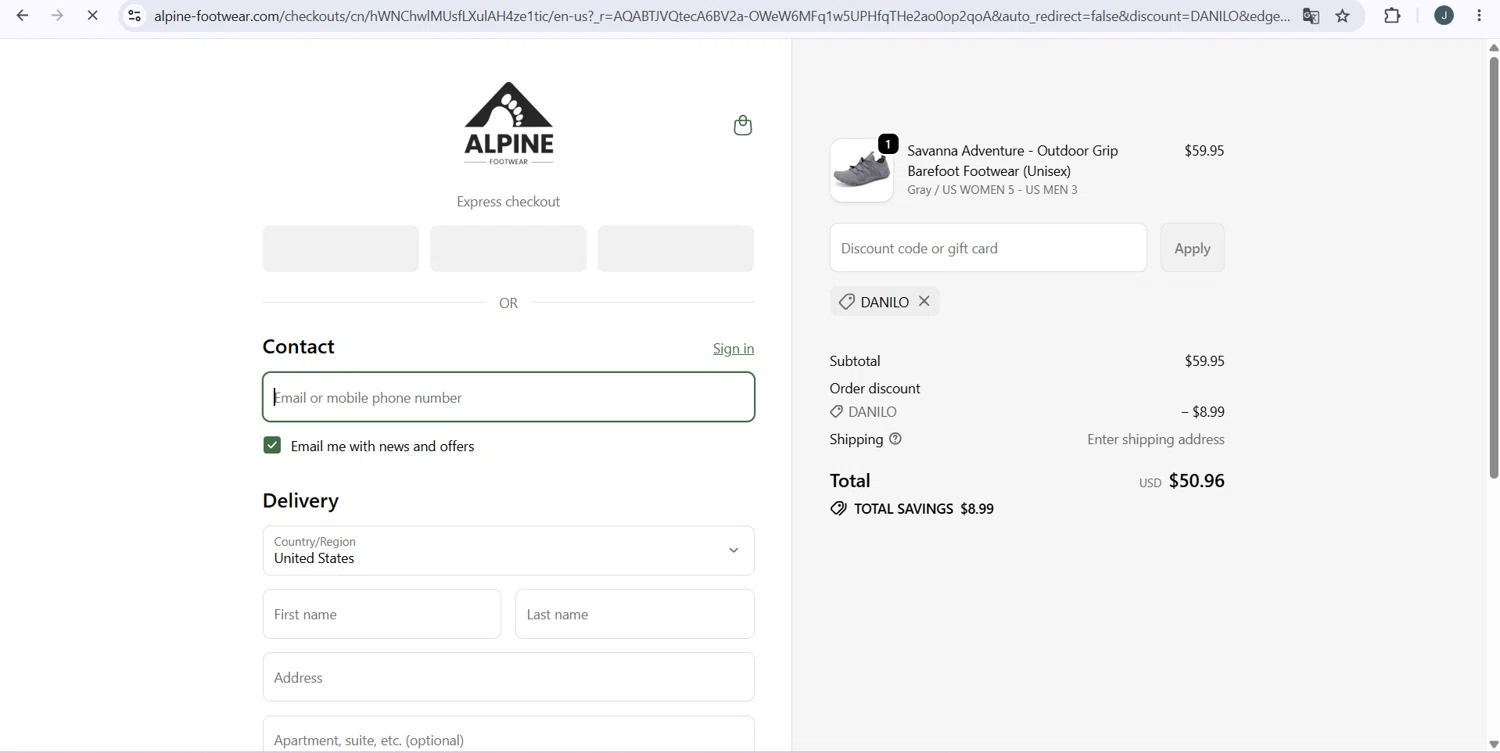 Alpine Footwear promo code screenshot showing code DANILO applied at Alpine Footwear checkout page. Uploaded by SimplyCodes community member SmartBoss8799 on May 29, 2026