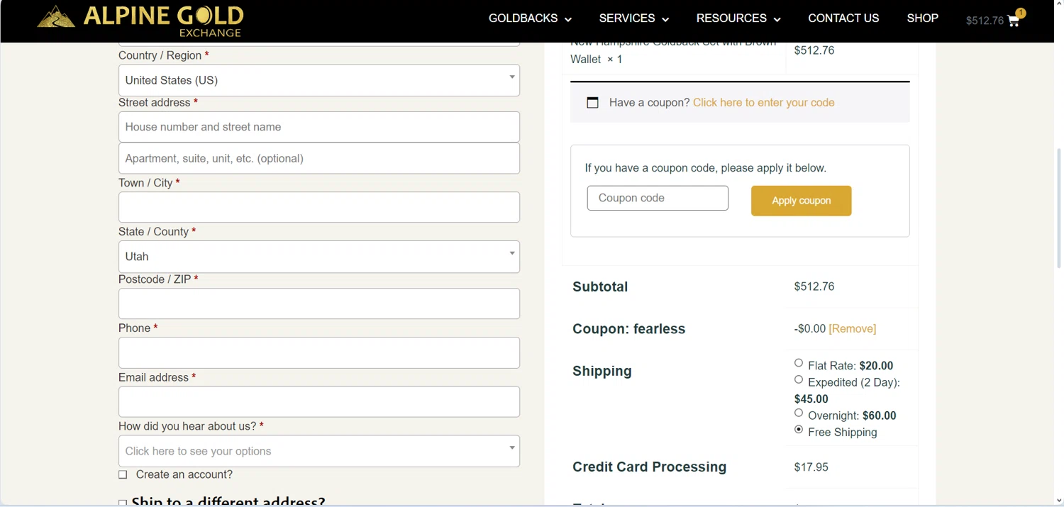 Alpine Gold Exchange checkout page showing Alpine Gold Exchange coupon code box | Screenshot taken by SimplyCodes community member on Dec 10, 2024