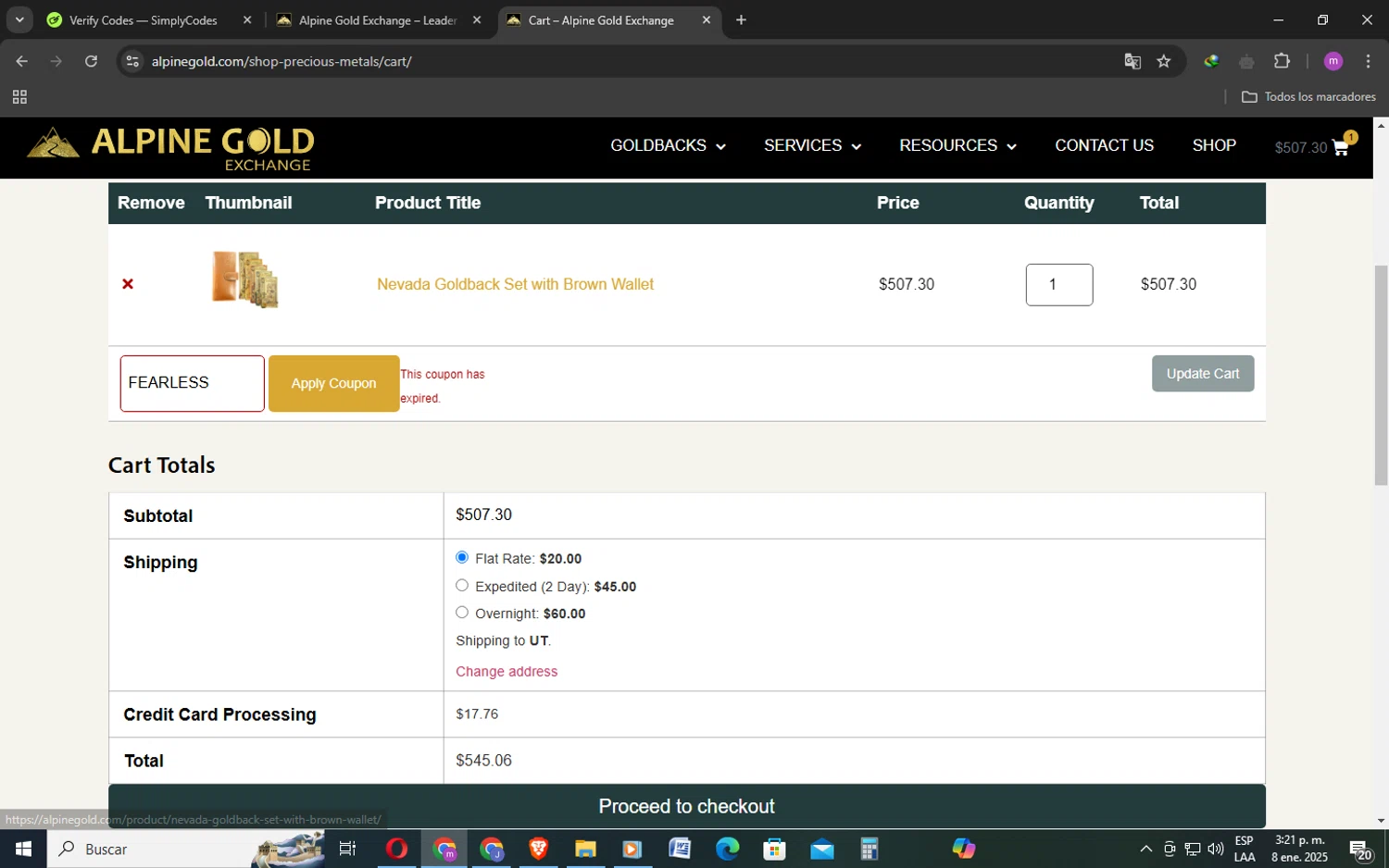 Alpine Gold Exchange coupon code screenshot showing code FEARLESS applied at Alpine Gold Exchange checkout page. Uploaded by SimplyCodes community member BudgetMonarch8952 on Jan 8, 2025