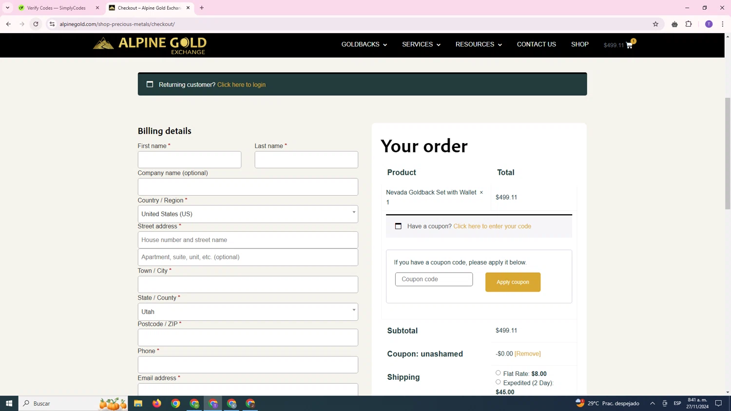 Alpine Gold Exchange checkout page showing Alpine Gold Exchange coupon code box | Screenshot taken by SimplyCodes community member on Nov 27, 2024
