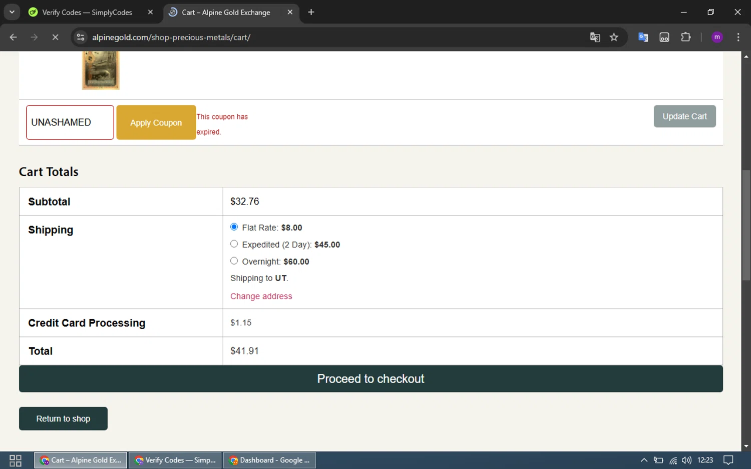 Alpine Gold Exchange coupon code screenshot showing code UNASHAMED applied at Alpine Gold Exchange checkout page. Uploaded by SimplyCodes community member CrownWizard4992 on Jan 24, 2025