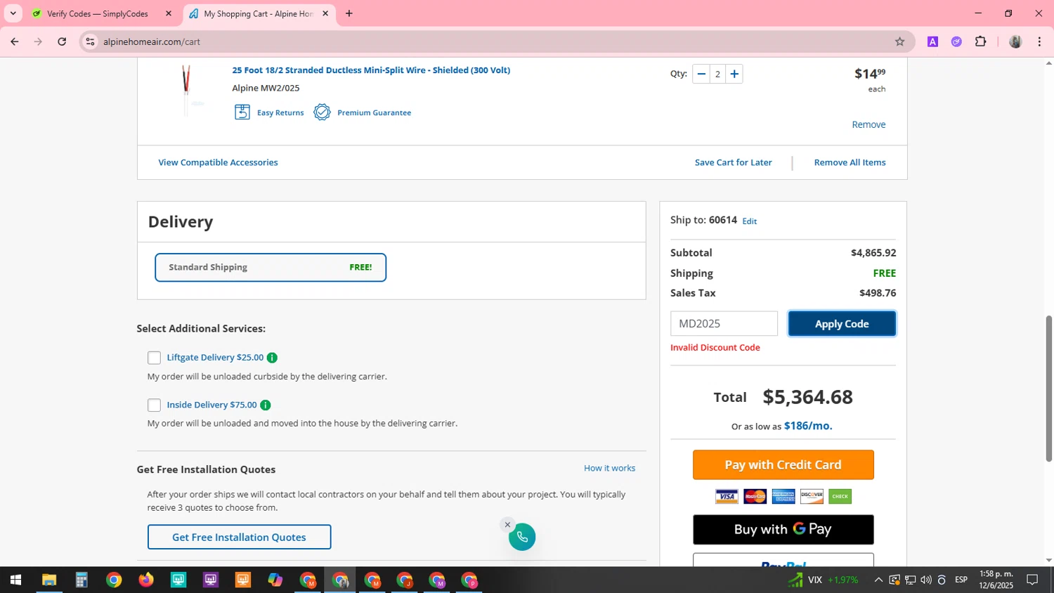 Alpine Home Air Products coupon code screenshot showing code MD2025 applied at Alpine Home Air Products checkout page. Uploaded by SimplyCodes community member SARAI13 on Jun 12, 2025