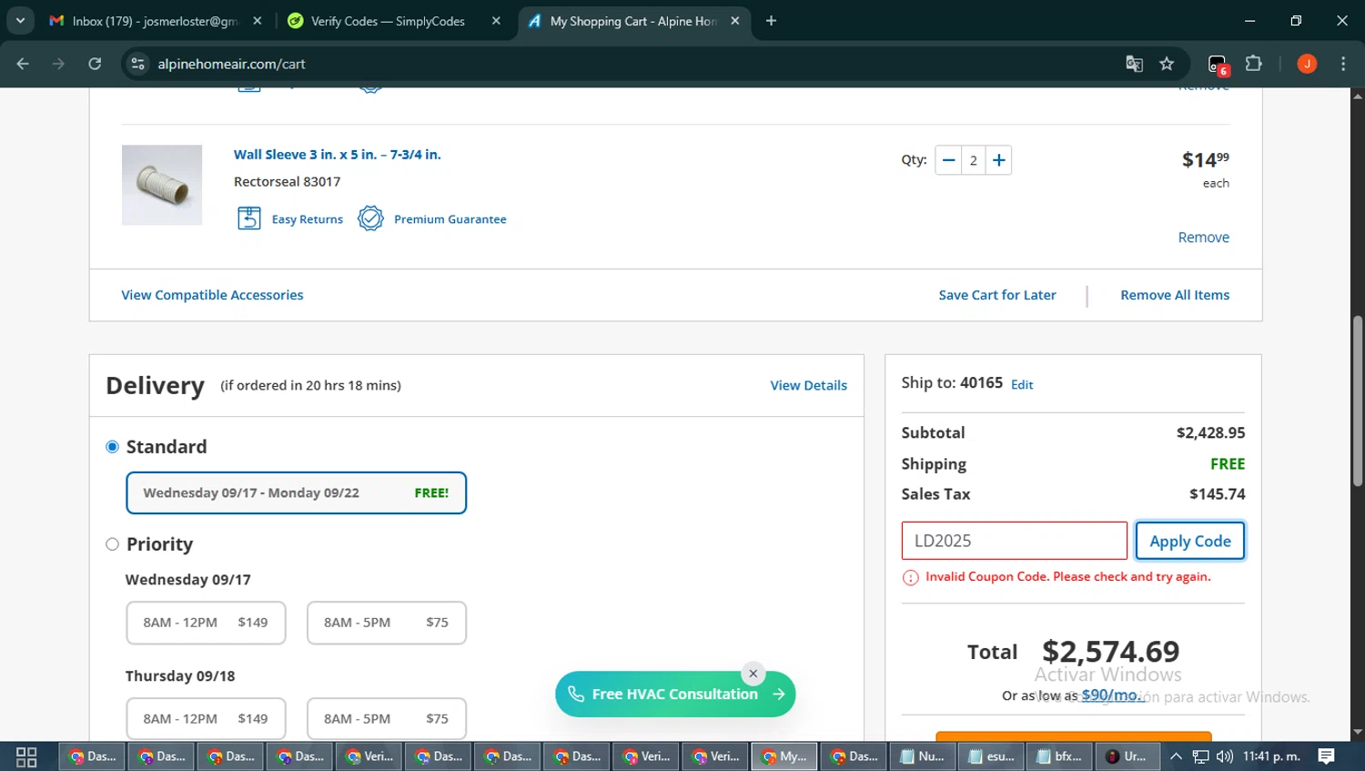 Alpine Home Air Products coupon code screenshot showing code LD2025 applied at Alpine Home Air Products checkout page. Uploaded by SimplyCodes community member NobleAce2304 on Sep 15, 2025