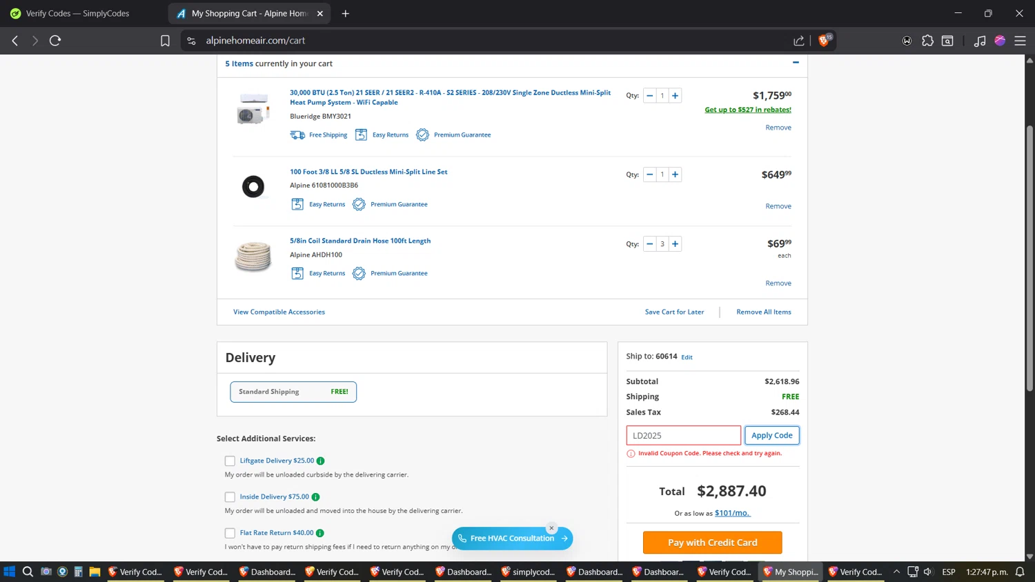 Alpine Home Air Products coupon code screenshot showing code LD2025 applied at Alpine Home Air Products checkout page. Uploaded by SimplyCodes community member Sesshomaru on Sep 15, 2025