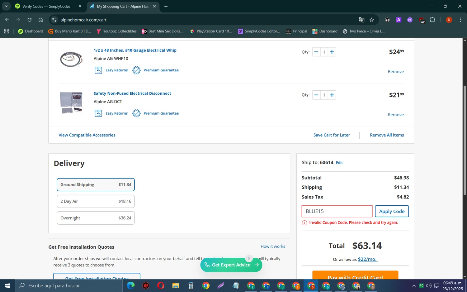 Alpine Home Air Products coupon code screenshot showing code BLUE15 applied at Alpine Home Air Products checkout page. Uploaded by SimplyCodes community member SaleSaver3540 on Dec 23, 2025