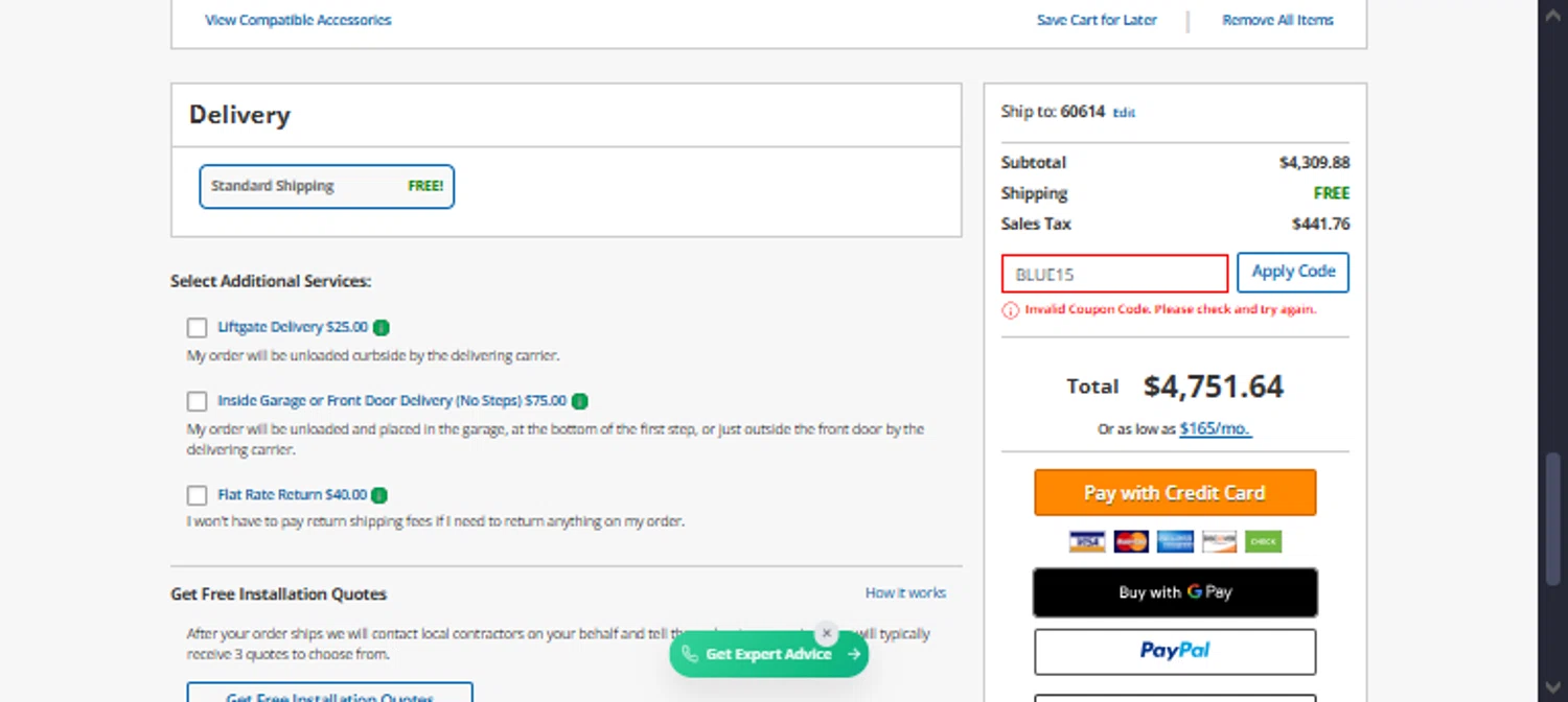 Alpine Home Air Products coupon code screenshot showing code BLUE15 applied at Alpine Home Air Products checkout page. Uploaded by SimplyCodes community member TraxoGamer on Dec 23, 2025