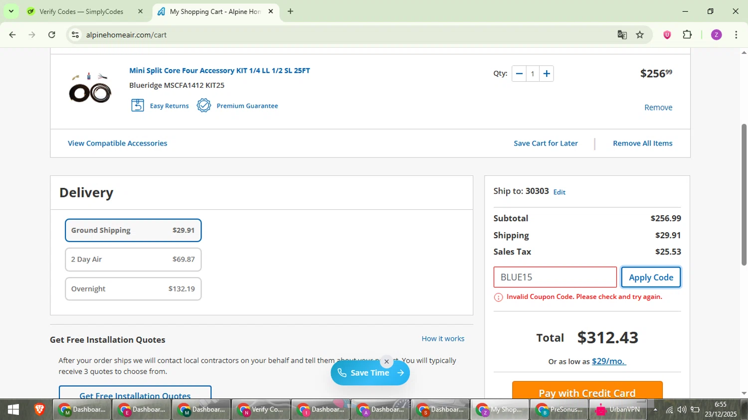 Alpine Home Air Products coupon code screenshot showing code BLUE15 applied at Alpine Home Air Products checkout page. Uploaded by SimplyCodes community member ValiantFinder3275 on Dec 23, 2025