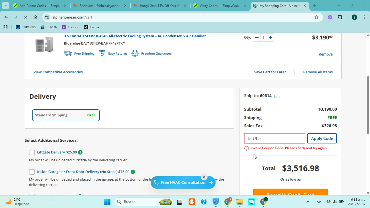 Alpine Home Air Products coupon code screenshot showing code BLUE5 applied at Alpine Home Air Products checkout page. Uploaded by SimplyCodes community member jorgejavierherrera on Dec 23, 2025