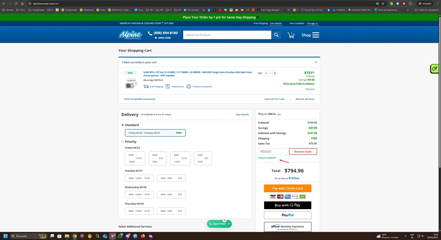 Alpine Home Air Products coupon code screenshot showing code MD2025 applied at Alpine Home Air Products checkout page. Uploaded by SimplyCodes community member UnkNownVnzla on May 22, 2025