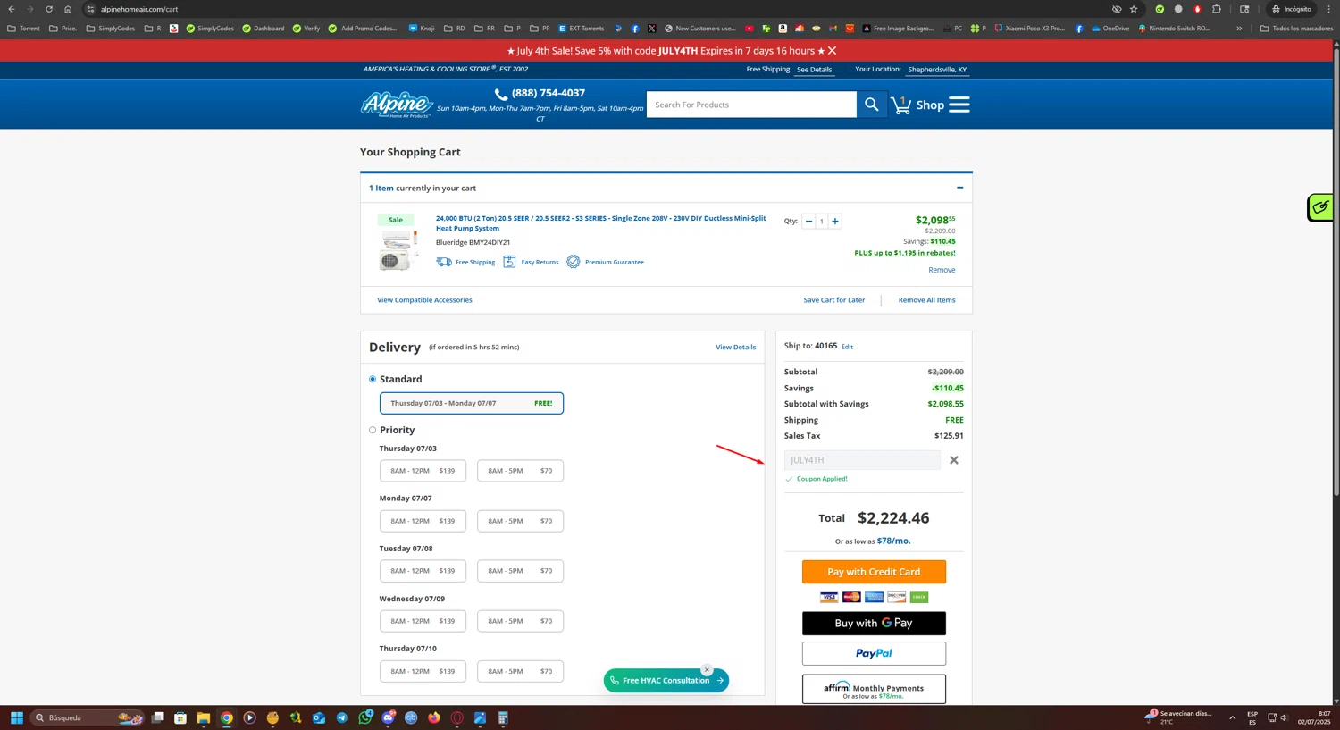 Alpine Home Air Products coupon code screenshot showing code JULY4TH applied at Alpine Home Air Products checkout page. Uploaded by SimplyCodes community member UnkNownVnzla on Jul 2, 2025