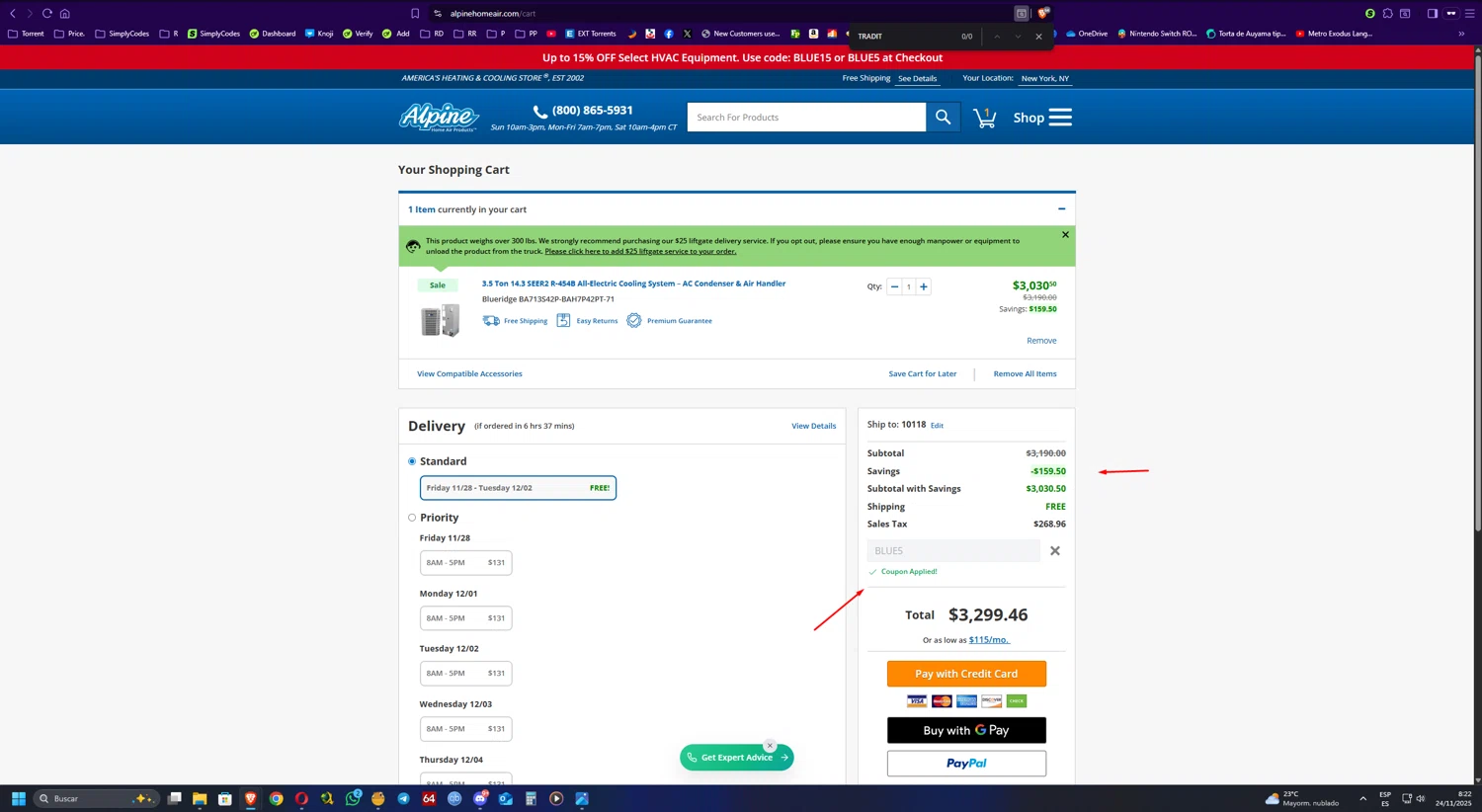 Alpine Home Air Products coupon code screenshot showing code BLUE5 applied at Alpine Home Air Products checkout page. Uploaded by SimplyCodes community member UnkNownVnzla on Nov 24, 2025