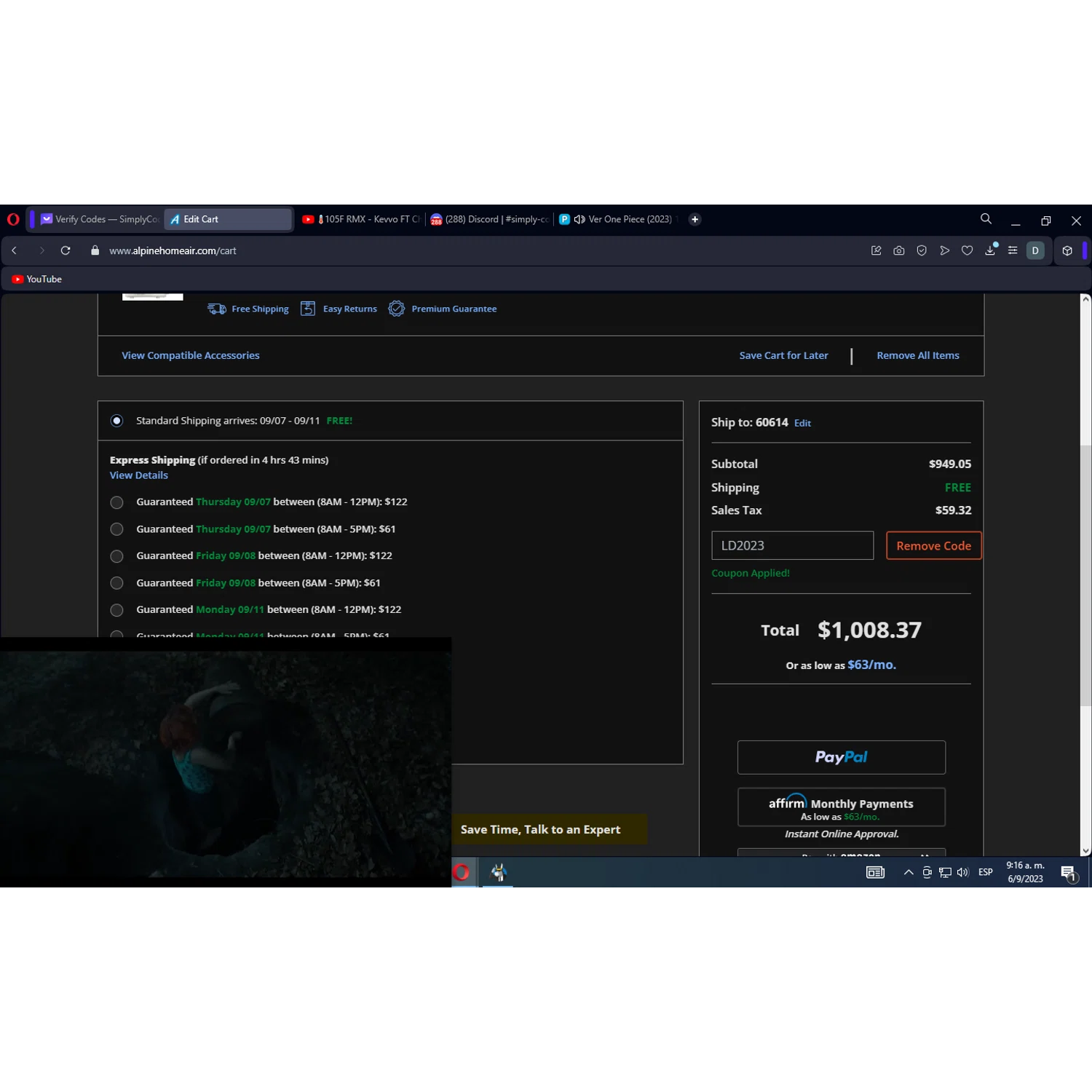 Alpine Home Air Products checkout page showing Alpine Home Air Products coupon code box | Screenshot taken by SimplyCodes community member on Sep 6, 2023