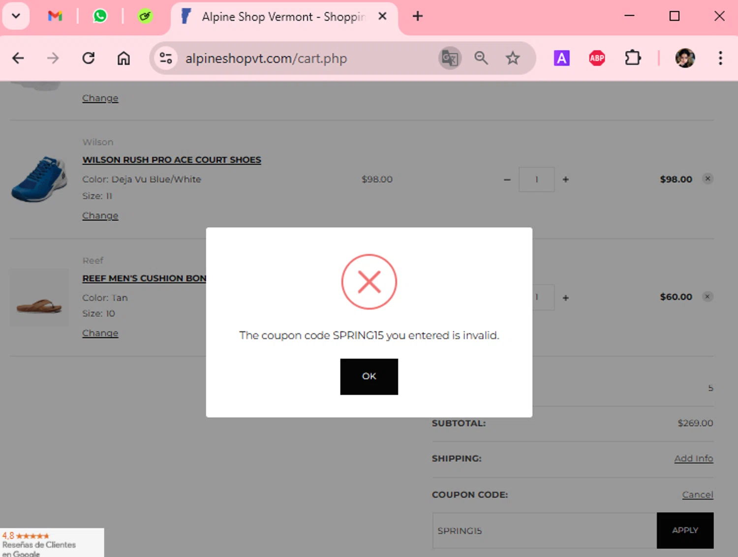 Alpine Shop Vermont promo code screenshot showing code SPRING15 applied at Alpine Shop Vermont checkout page. Uploaded by SimplyCodes community member Scarleth_2GGD on Apr 12, 2025