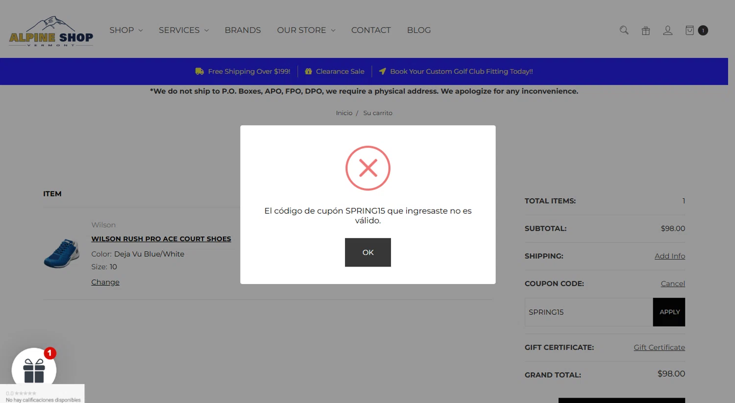 Alpine Shop Vermont promo code screenshot showing code SPRING15 applied at Alpine Shop Vermont checkout page. Uploaded by SimplyCodes community member TokioMiller on Apr 12, 2025