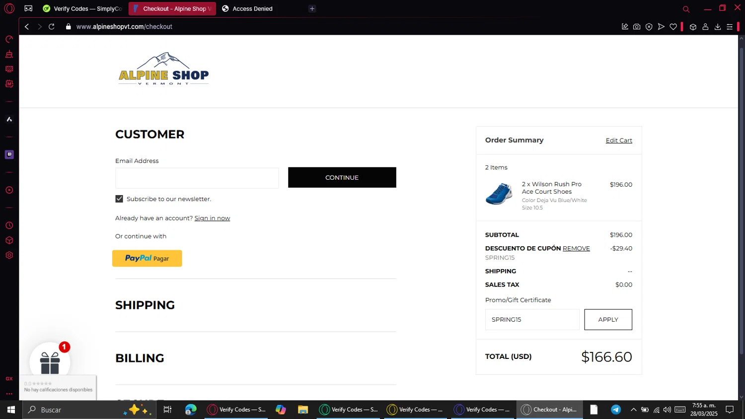 Alpine Shop Vermont promo code screenshot showing code SPRING15 applied at Alpine Shop Vermont checkout page. Uploaded by SimplyCodes community member FrugalSpotter7217 on Mar 28, 2025