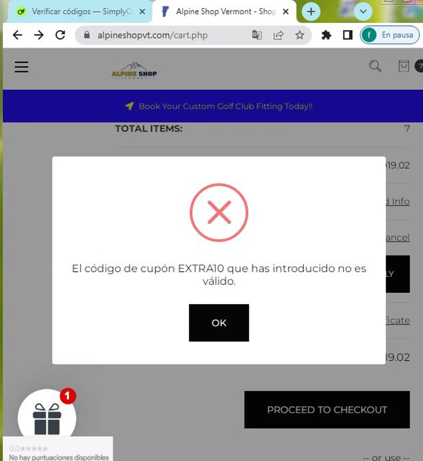 Alpine Shop Vermont promo code screenshot showing code EXTRA10 applied at Alpine Shop Vermont checkout page. Uploaded by SimplyCodes community member usenamee on Apr 3, 2025