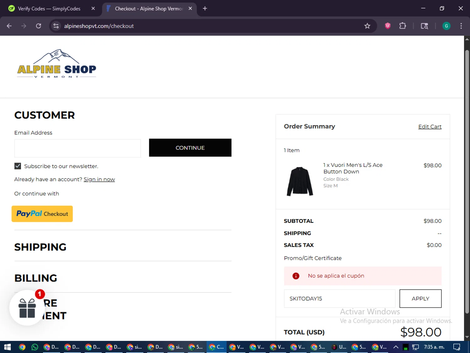 Alpine Shop Vermont promo code screenshot showing code SKITODAY15 applied at Alpine Shop Vermont checkout page. Uploaded by SimplyCodes community member PennyFinder5759 on Dec 28, 2025