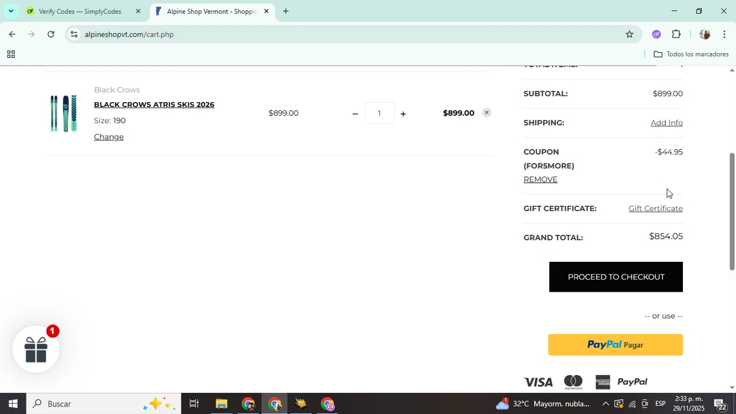 Alpine Shop Vermont promo code screenshot showing code FOR5MORE applied at Alpine Shop Vermont checkout page. Uploaded by SimplyCodes community member Mujerdejunnior on Nov 29, 2025