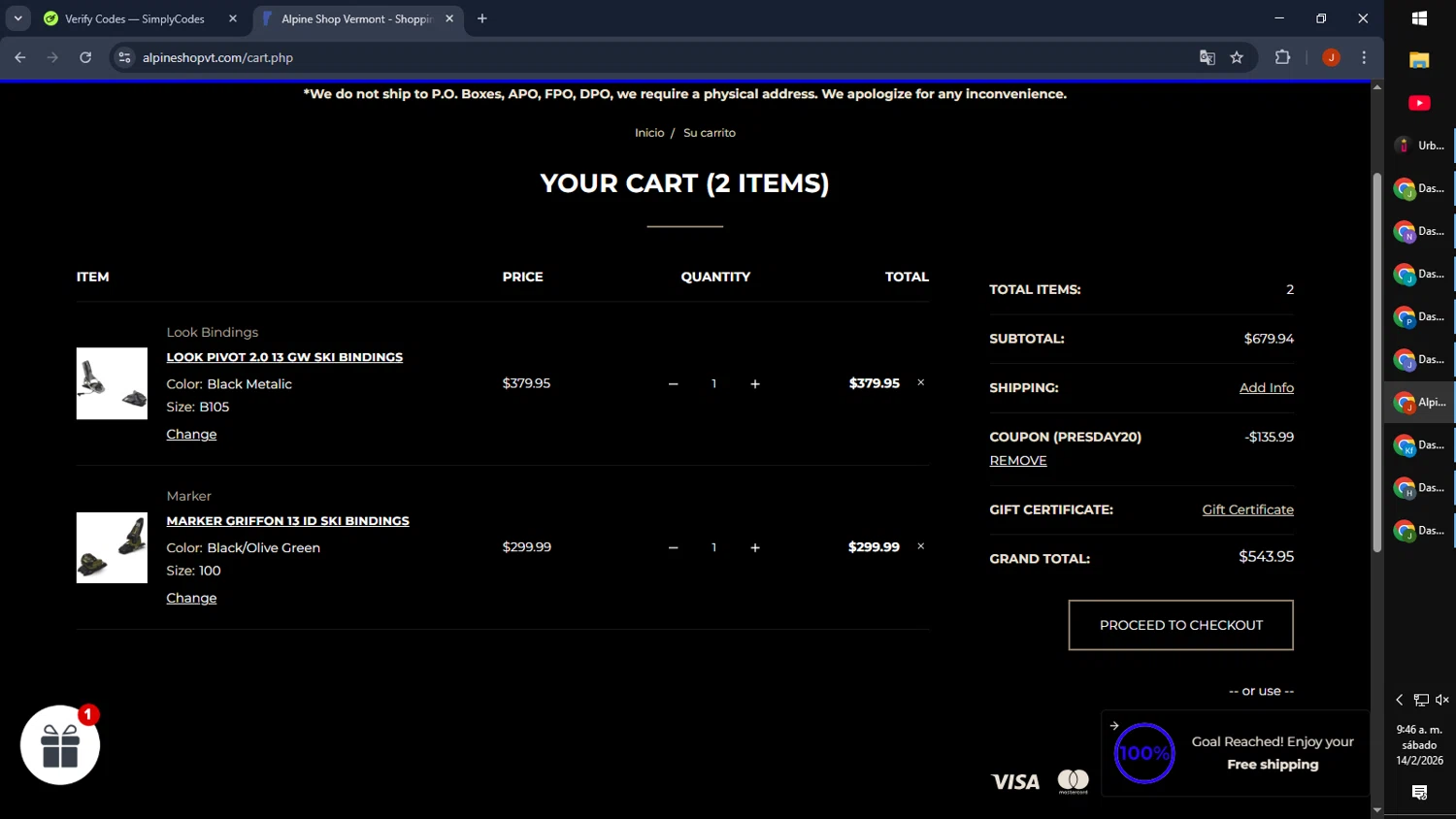 Alpine Shop Vermont checkout page showing Alpine Shop Vermont promo code box | Screenshot taken by SimplyCodes community member on Feb 14, 2026
