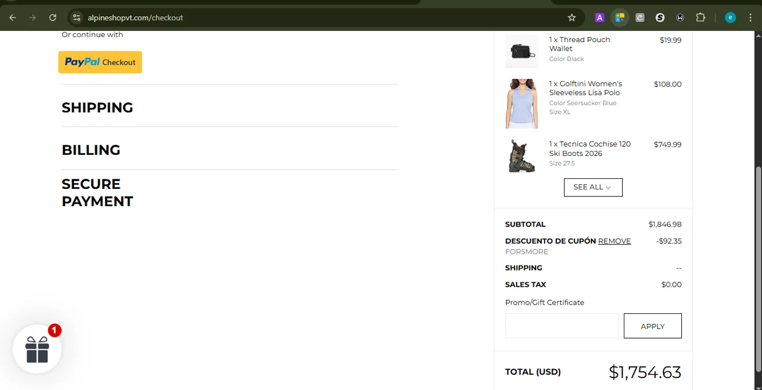 Alpine Shop Vermont promo code screenshot showing code FOR5MORE applied at Alpine Shop Vermont checkout page. Uploaded by SimplyCodes community member LOVECOUPON on Nov 29, 2025