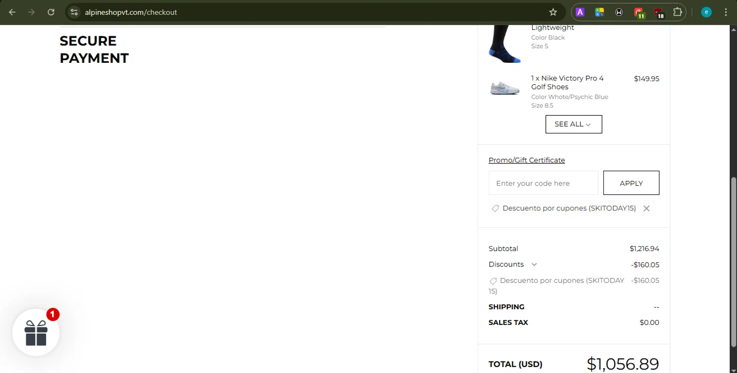 Alpine Shop Vermont promo code screenshot showing code SKITODAY15 applied at Alpine Shop Vermont checkout page. Uploaded by SimplyCodes community member PrincessCoupon on Jan 25, 2026