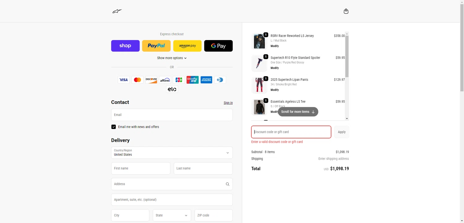 ALPINESTARS promo code screenshot showing code OFFICEDOGS applied at ALPINESTARS checkout page. Uploaded by SimplyCodes community member SwiftCurator4059 on Jan 31, 2026